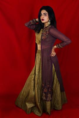 Olive green crop top lehenga with brown jacket and hand embroidery online 1