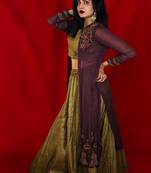 Olive green crop top lehenga with brown jacket and hand embroidery online