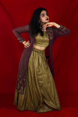 Olive green crop top lehenga with brown jacket and hand embroidery online 2
