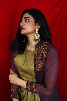 Olive green crop top lehenga with brown jacket and hand embroidery online 3