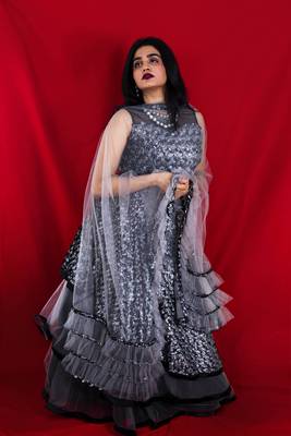 Black fur designer crop top lehenga online 1
