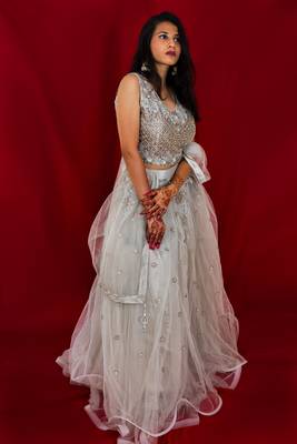 Light Grey crop top lehenga with hand embroidery online 1