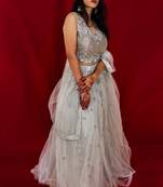 Light Grey crop top lehenga with hand embroidery online