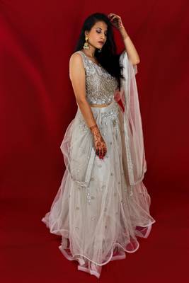 Light Grey crop top lehenga with hand embroidery online 2