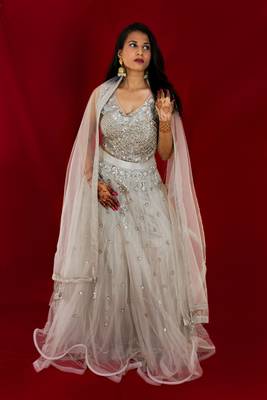 Light Grey crop top lehenga with hand embroidery online 3