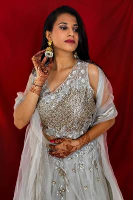 Light Grey crop top lehenga with hand embroidery online 4