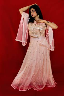 Candy Pink crop top lehenga with stone embroidery online 2