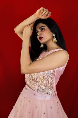 Candy Pink crop top lehenga with stone embroidery online 3