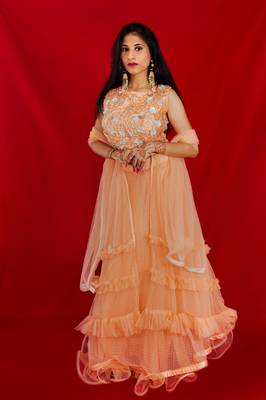 Orangish Peach designer style ruffle crop top lehenga online 1