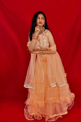 Orangish Peach designer style ruffle crop top lehenga online 2