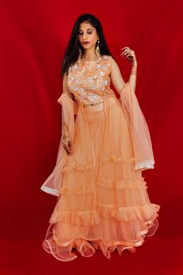 Orangish Peach designer style ruffle crop top lehenga online 3