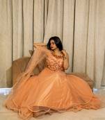 Orangish peach crop top lehenga with 3D floral embroidery online