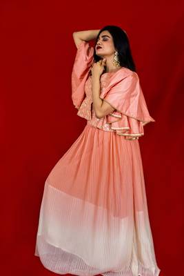 Deep Peach silk crop top with thread embroidery and peach pleated  lehenga online 1