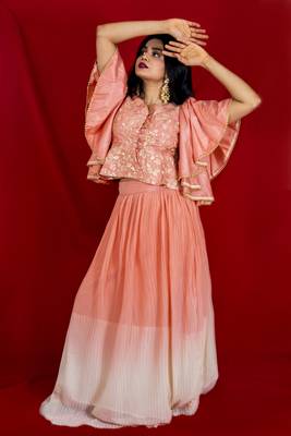 Deep Peach silk crop top with thread embroidery and peach pleated  lehenga online 2
