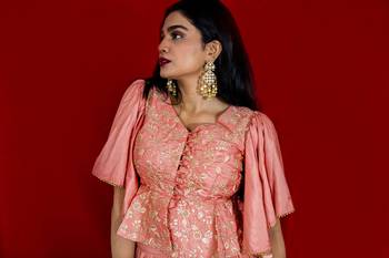 Deep Peach silk crop top with thread embroidery and peach pleated  lehenga online 3