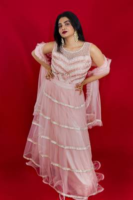 Light pink crop top and lehenga with pearl and stone embroidery online 1
