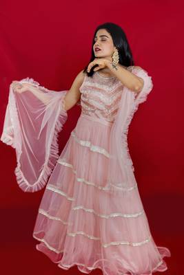 Light pink crop top and lehenga with pearl and stone embroidery online 2