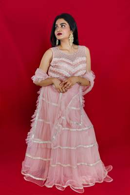 Light pink crop top and lehenga with pearl and stone embroidery online 3