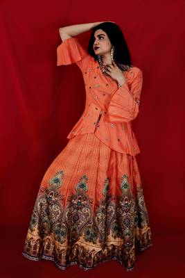 Orange crop top lehenga on pure silk with hand embroidery online 1