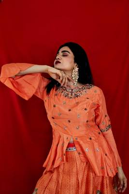 Orange crop top lehenga on pure silk with hand embroidery online 2