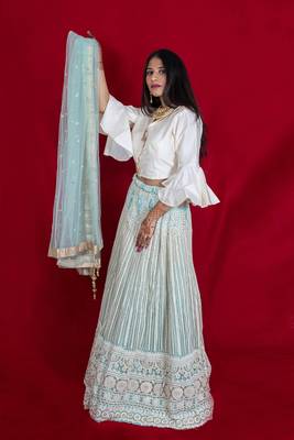 Cream designer style crop top with lucknowi lehenga online 1