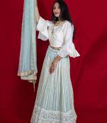 Cream designer style crop top with lucknowi lehenga online