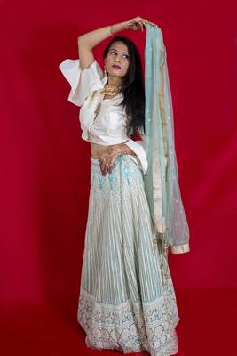 Cream designer style crop top with lucknowi lehenga online 2