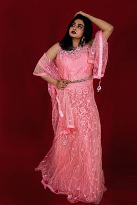 Dark Pink crop top lehenga with embroidery online 1