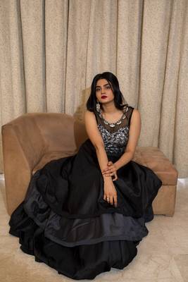 Black fur crop top and layered lehenga with embroidery 1