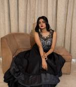 Black fur crop top and layered lehenga with embroidery