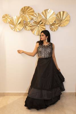 Black fur crop top and layered lehenga with embroidery 2