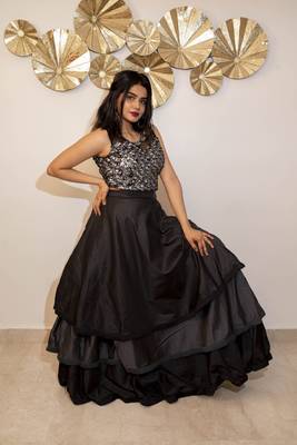 Black fur crop top and layered lehenga with embroidery 3