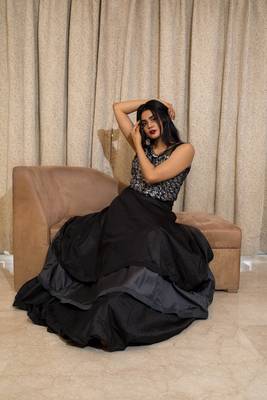 Black fur crop top and layered lehenga with embroidery 5