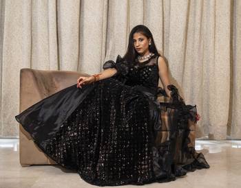 Black crop top with self sequin work and organza layered lehenga online 1