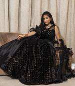 Black crop top with self sequin work and organza layered lehenga online