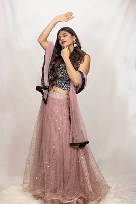 Black crop top lehenga with silver glitter work and floral embroidery online 1