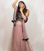 Black crop top lehenga with silver glitter work and floral embroidery online