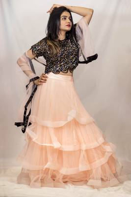 Peach Lehenga in net with black sequin crop top online 1
