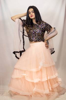 Peach Lehenga in net with black sequin crop top online 2
