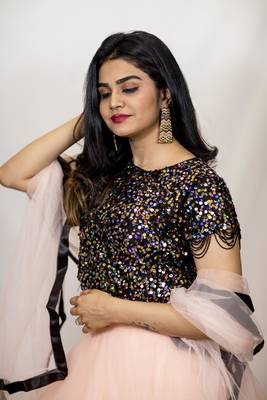 Peach Lehenga in net with black sequin crop top online 3