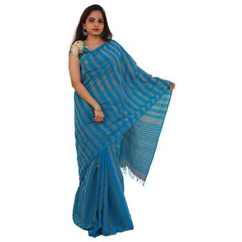 Blue hand woven andhra pradesh handloom saree with blouse 1