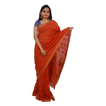 Orange hand woven andhra pradesh handloom saree with blouse 1
