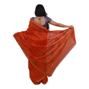 Orange hand woven andhra pradesh handloom saree with blouse 2
