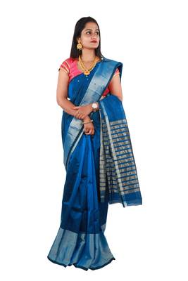 Dark turquoise hand woven andhra pradesh handloom saree with blouse 1