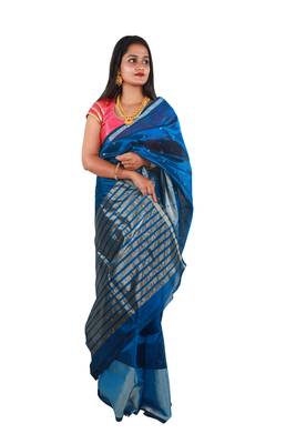 Dark turquoise hand woven andhra pradesh handloom saree with blouse 2