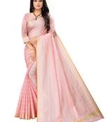 Pink woven banarasi silk saree with blouse