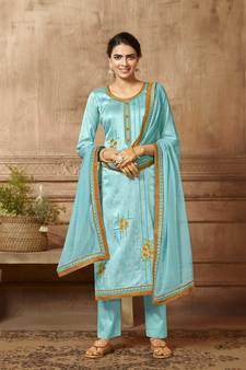 Light-blue embroidered silk blend salwar