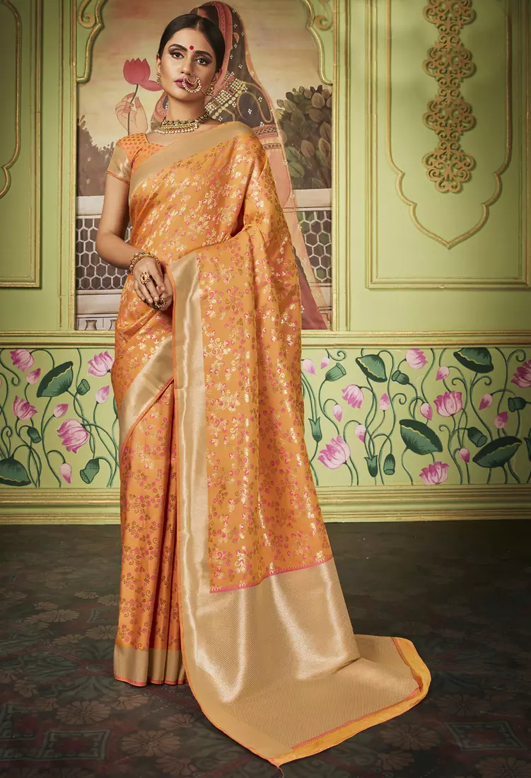 Orange woven art silk saree with blouse