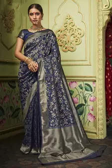 Navy blue woven art silk saree with blouse
