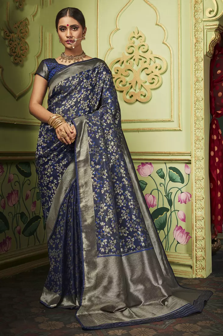 Navy blue woven art silk saree with blouse